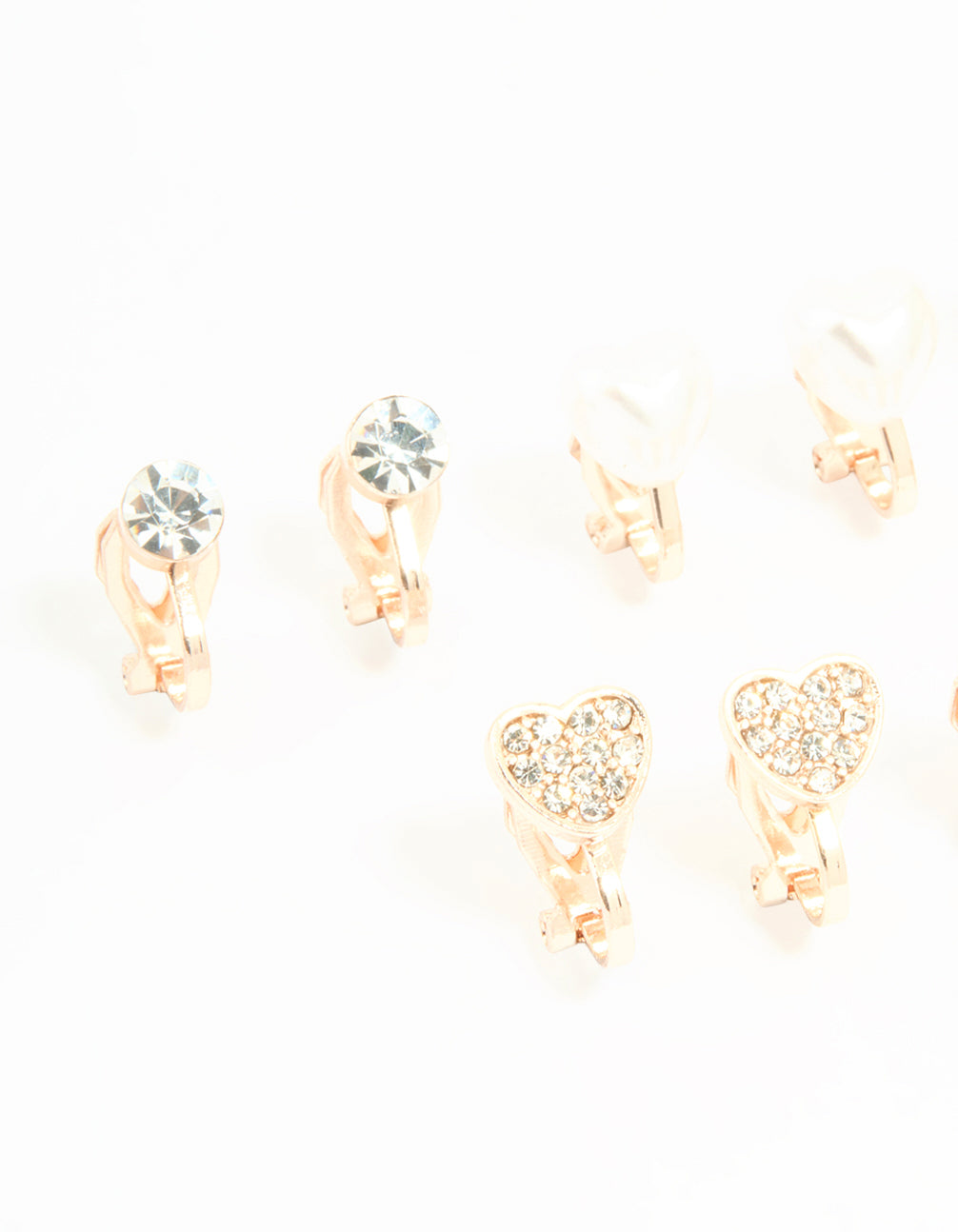 Kids Rose Gold Diamante Heart & Flower Clip On Earrings 5-Pack