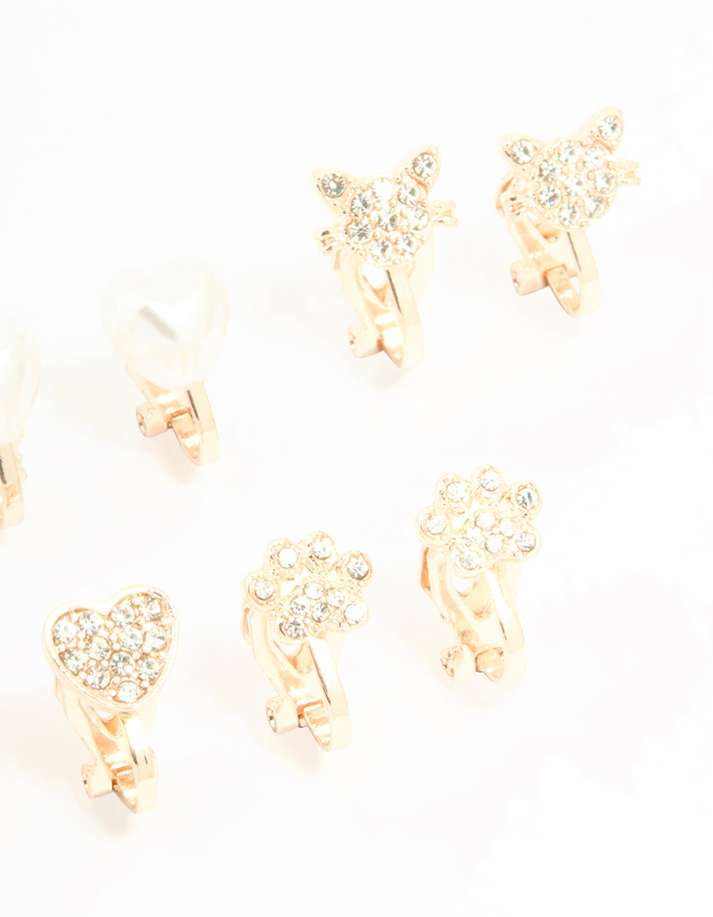 Kids Rose Gold Diamante Heart & Flower Clip On Earrings 5-Pack