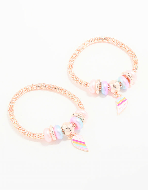 Kids Rose Gold Beaded Heart BFF Stretch Bracelets 2-Pack