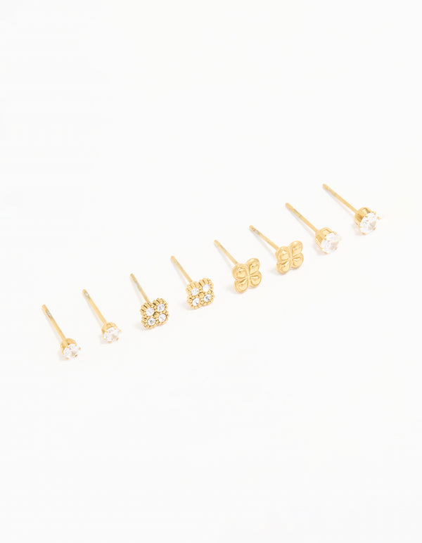 Waterproof Gold Plated Stainless Steel Cubic Zirconia Flower & Classic Stud Earrings 4-Pack