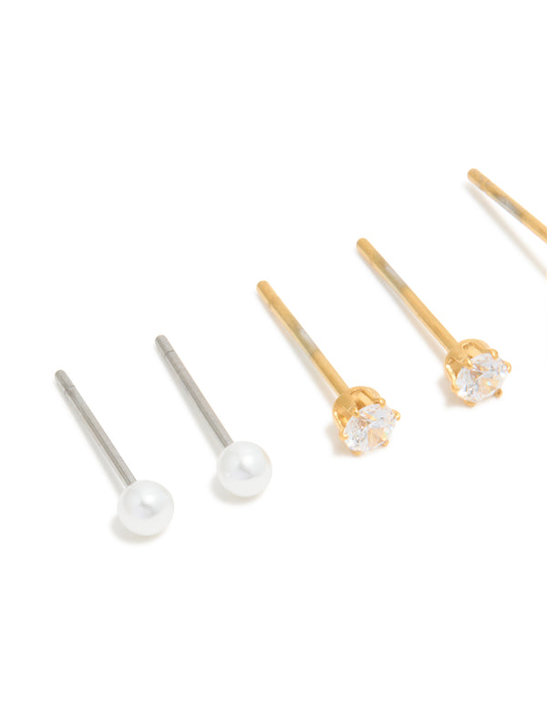 Presenting waterproof gold plated stainless steel classic stud earrings with cubic zirconia and pearl in a 4-pack close up view