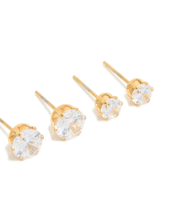 Featuring waterproof gold plated stainless steel classic stud earrings with cubic zirconia and pearl in a 4-pack post detail view
