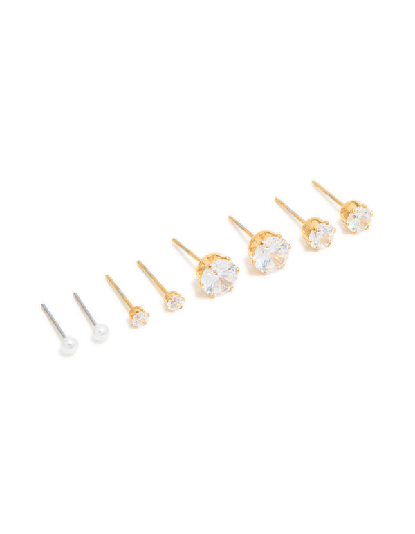 Showcasing waterproof gold plated stainless steel classic stud earrings featuring cubic zirconia and pearl in a 4-pack front view