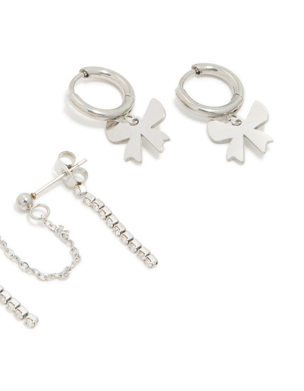 Waterproof Stainless Steel Cubic Zirconia Bow Chain Earrings 3-Pack