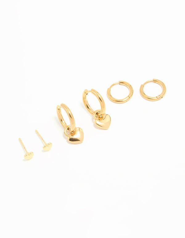 Waterproof Gold Plated Stainless Steel Heart Huggies & Classic Stud Earrings 3-Pack