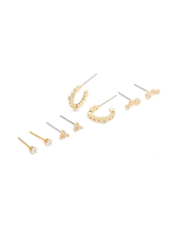 Showcasing waterproof gold plated stainless steel diamante stud earrings in a 4-pack with huggie and stud closures front view