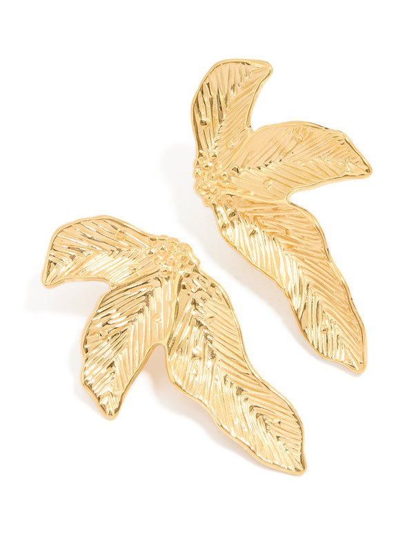 Waterproof Gold Plated Stainless Steel Etched Leaf Earrings