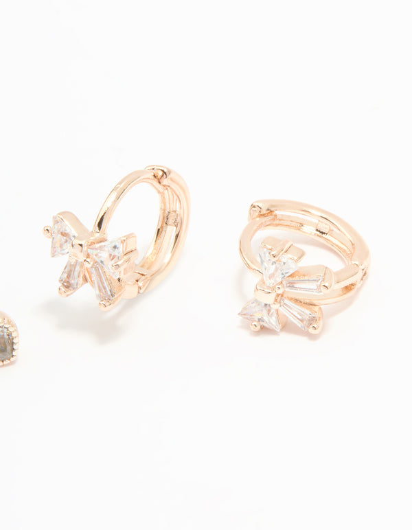 Rose Gold Plated Cubic Zirconia Bow Hoop & Heart Stud Earrings 2-Pack