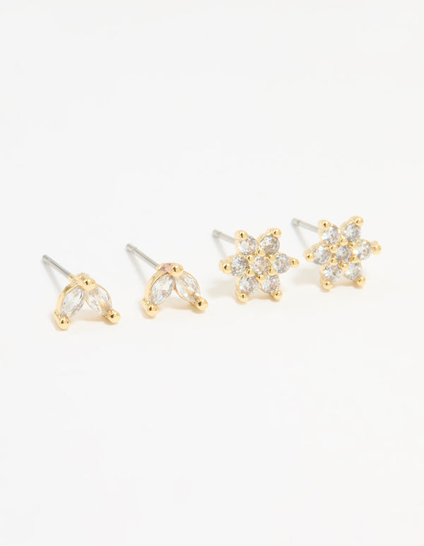 Showcasing gold plated cubic zirconia flower and leaf stud earrings in a 2-pack front view