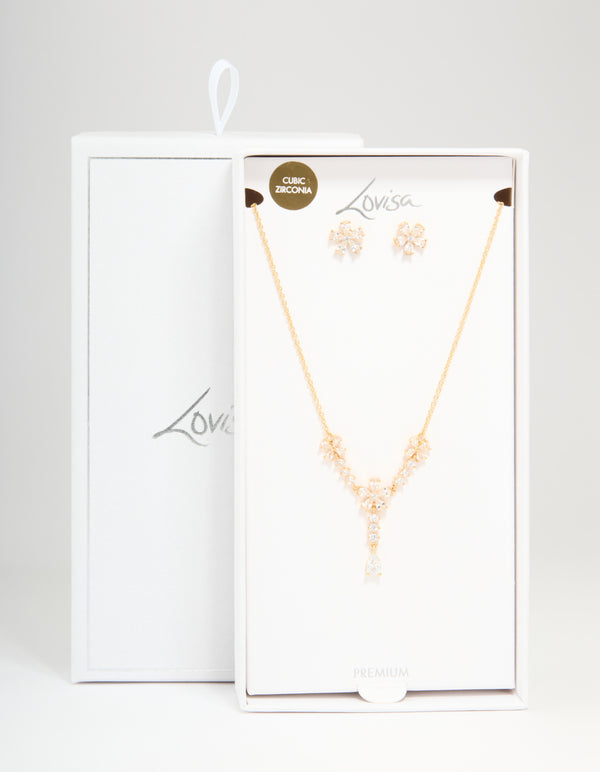 Gold Plated Cubic Zirconia Flower Drop Necklace & Earrings Set