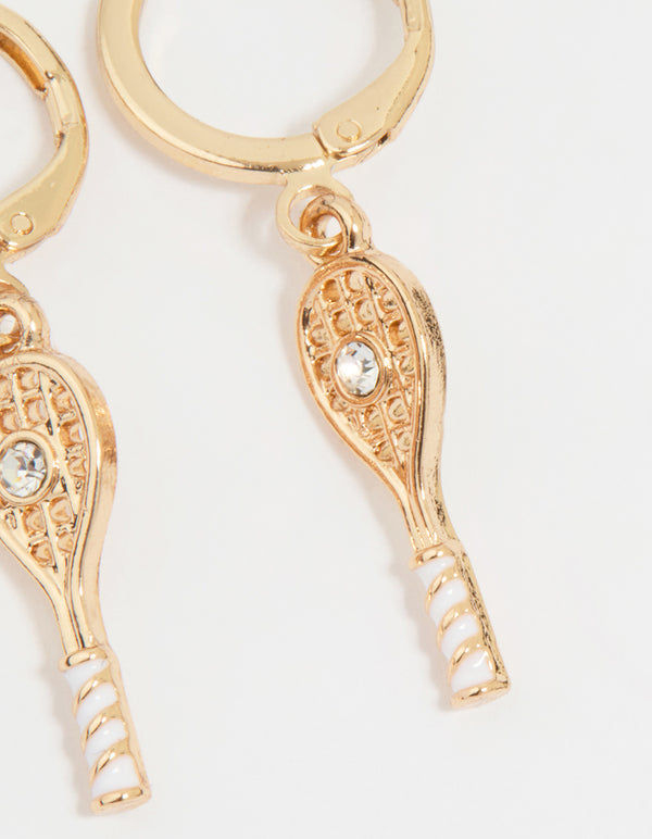 Gold Diamante Tennis Racket Huggie Earrings