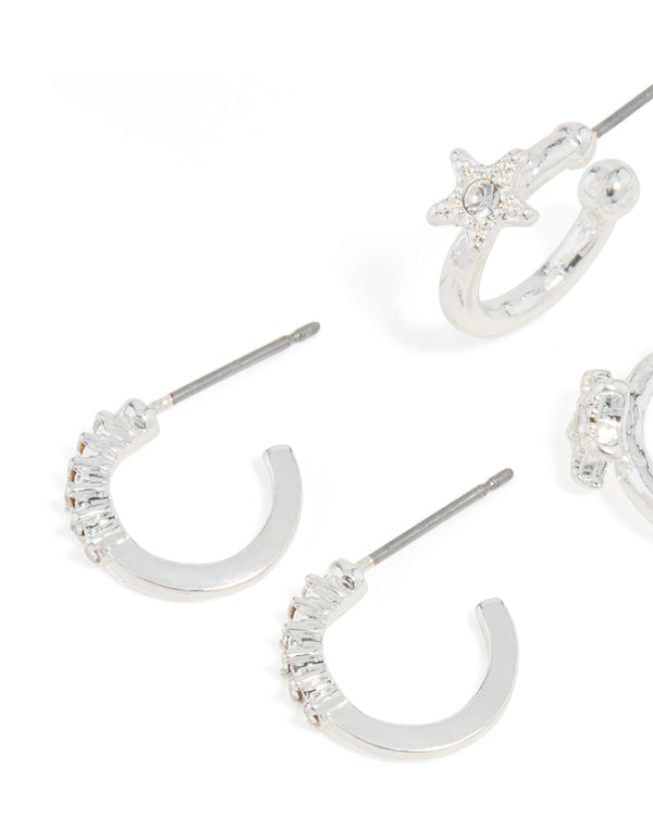 Silver Diamante Star & Smooth Hoop Earrings 3-Pack