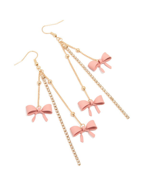 Gold Pink Bow Chain Drop Earrings