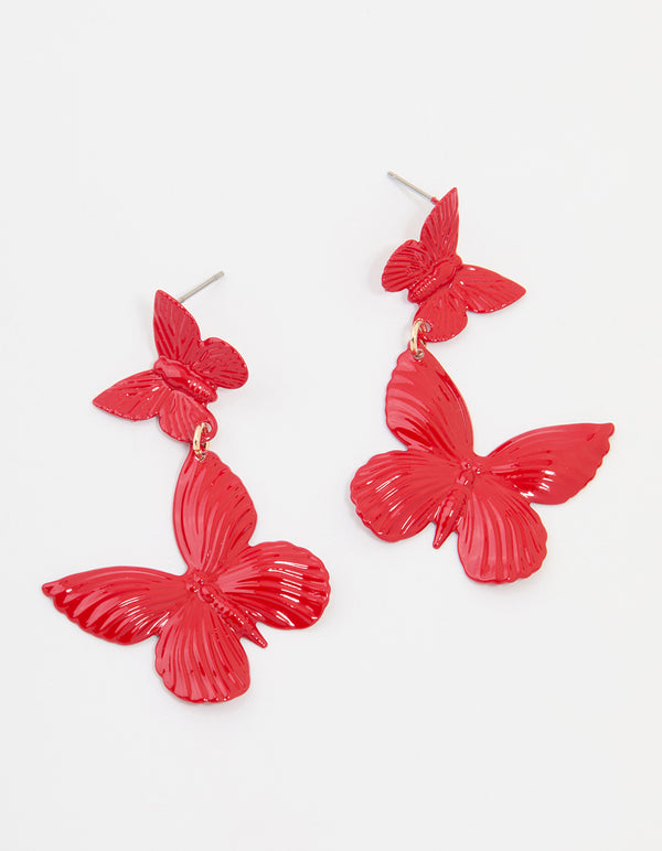 Red Coated Metal Butterfly Drop Earrings