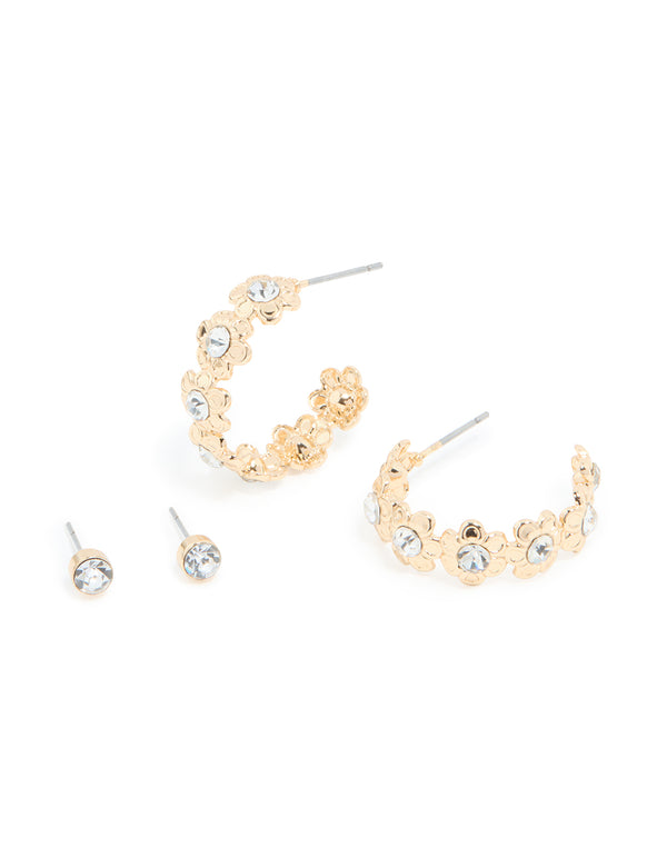 Gold Diamante Flower Hoop & Classic Stud Earrings 2-Pack