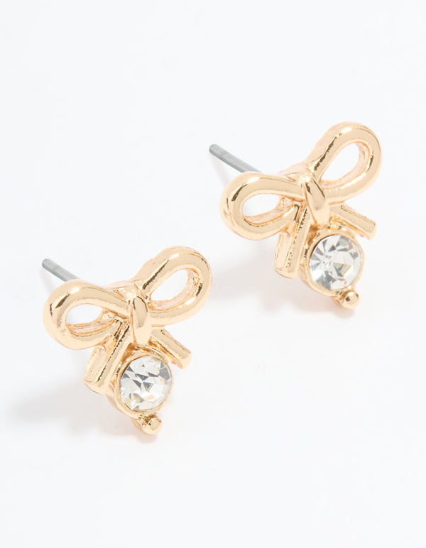 Gold Diamante Bow Drop Stud Earrings