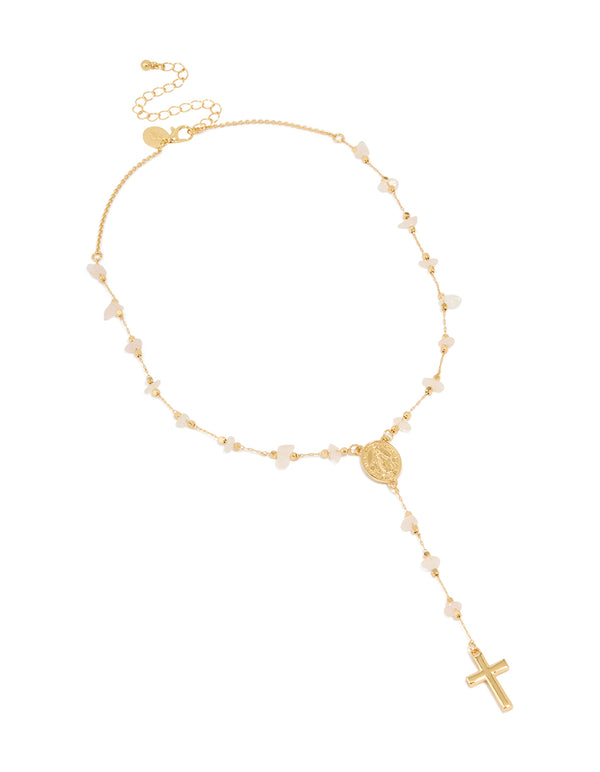 Gold Plated Rose Quartz Semi Precious Stone Lariat Y-Necklace
