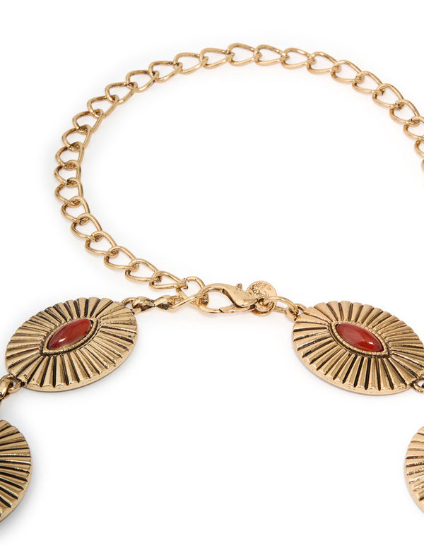 Antique Gold Red Oval Gem Western Belt