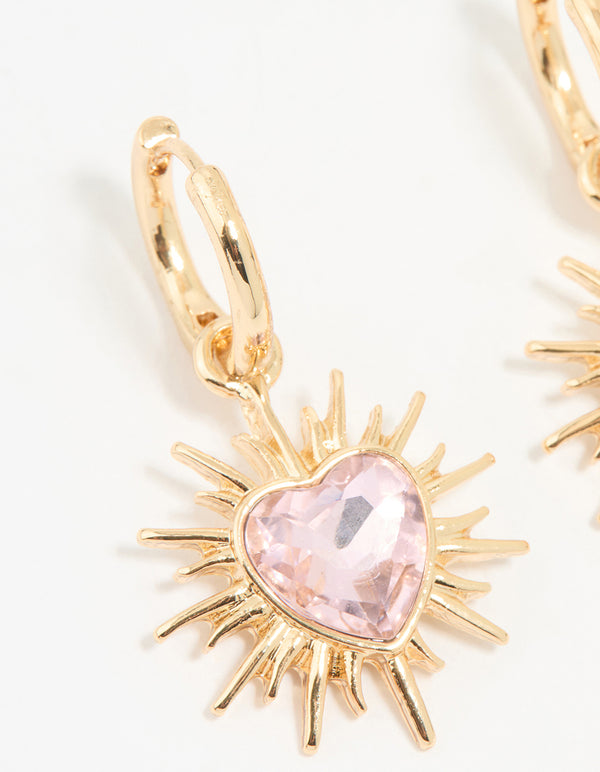 Gold Starburst Heart Huggie Drop Earrings