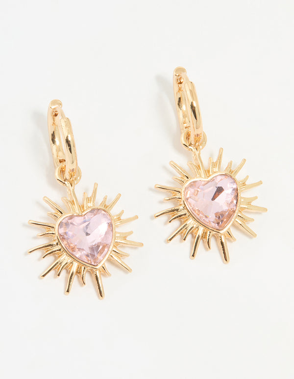 Gold Starburst Heart Huggie Drop Earrings