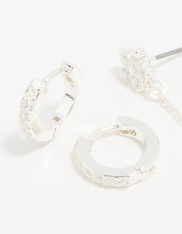 Silver Cubic Zirconia Chain Flower Chain & Huggie Earrings 3-Pack