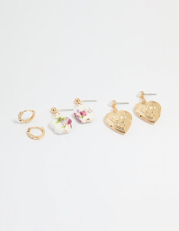 Gold Flower & Heart Locket Earrings 3-Pack