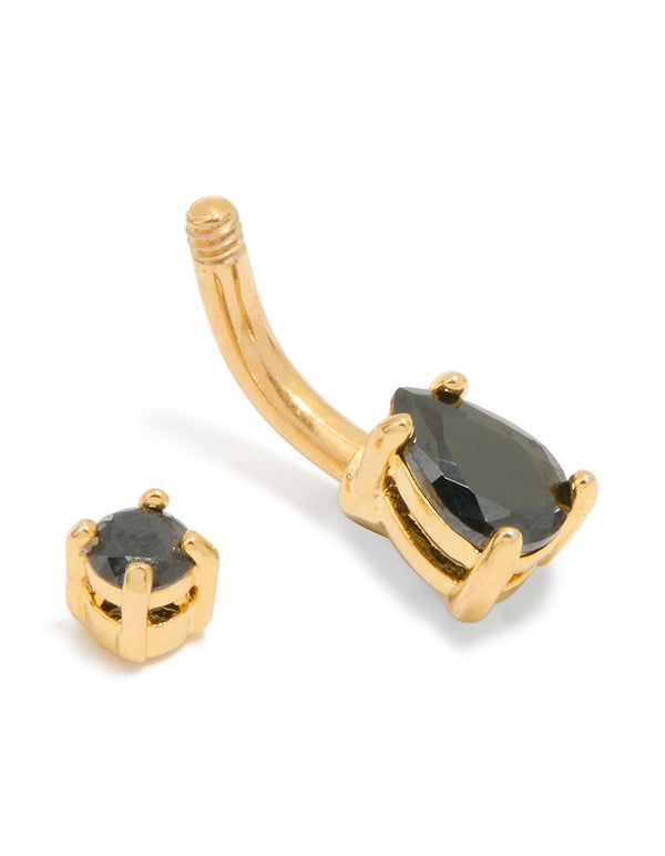 Gold Plated Surgical Steel Black Cubic Zirconia Belly Bar