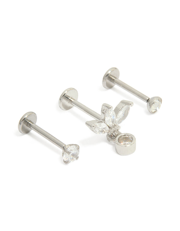 Surgical Steel Cubic Zirconia Drop Threadless Flat Back Studs 3-Pack