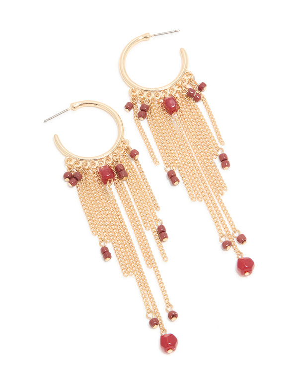 Gold Red Beaded Chain Hoop Earrings