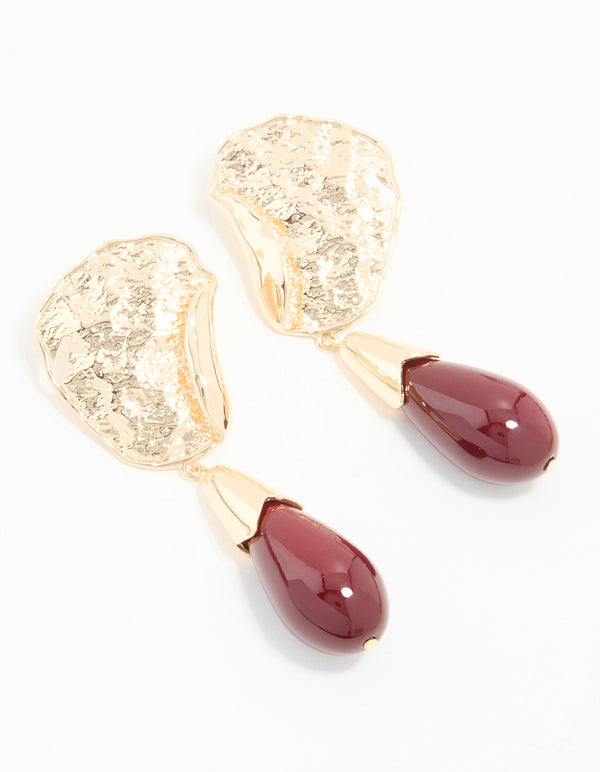 Gold Red Stone Molten Teardrop Earrings