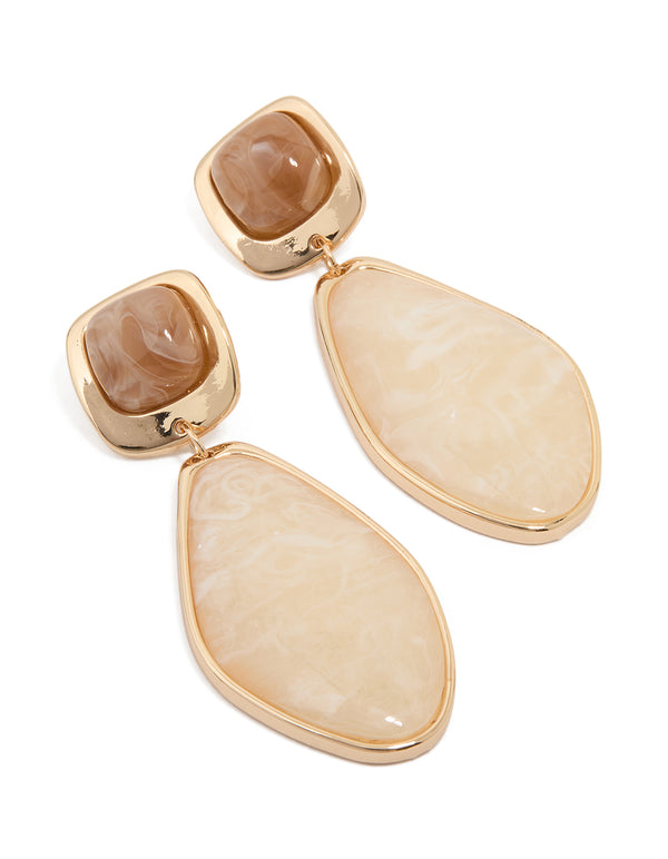 Gold Organic Stone Diamond-Shaped Drop Earrings