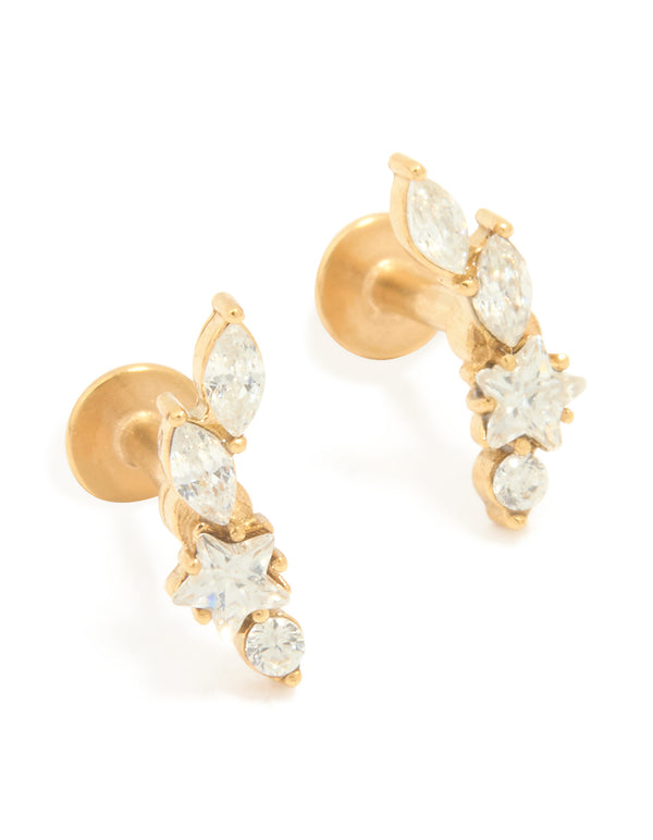 Gold Plated Surgical Steel Leaf Cubic Zirconia Flat Back Studs