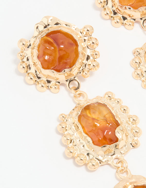 Gold Orange Stone Molten Trio Drop Earrings