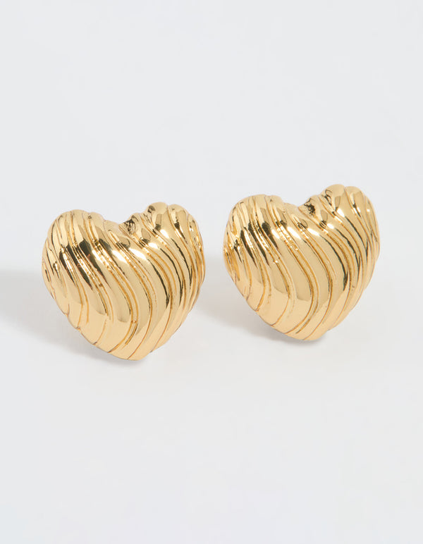 Gold Plated Ribbed Heart Stud Earrings