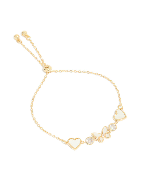 Displaying gold plated cubic zirconia butterfly and heart toggle bracelet front view