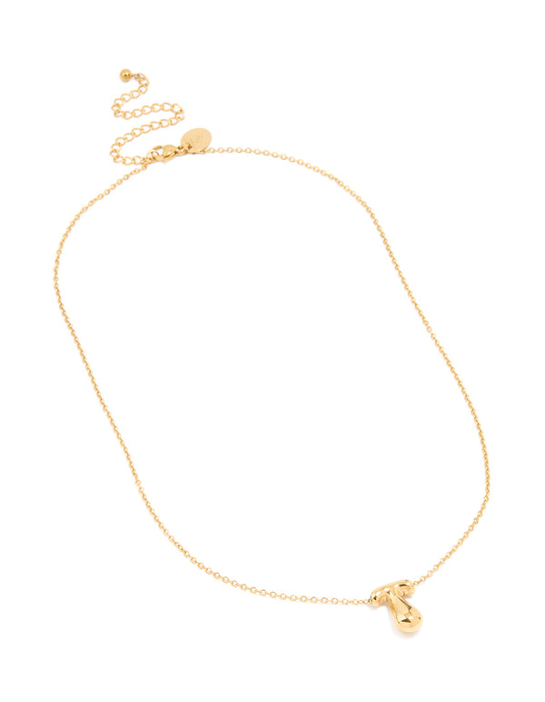 Beautiful waterproof gold plated stainless steel bubble letter T necklace with initial pendant in dainty style front view