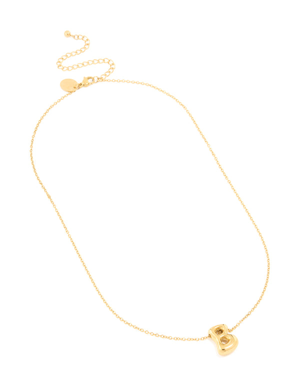 Beautifully designed waterproof gold plated stainless steel large bubble letter B initial pendant necklace close up view