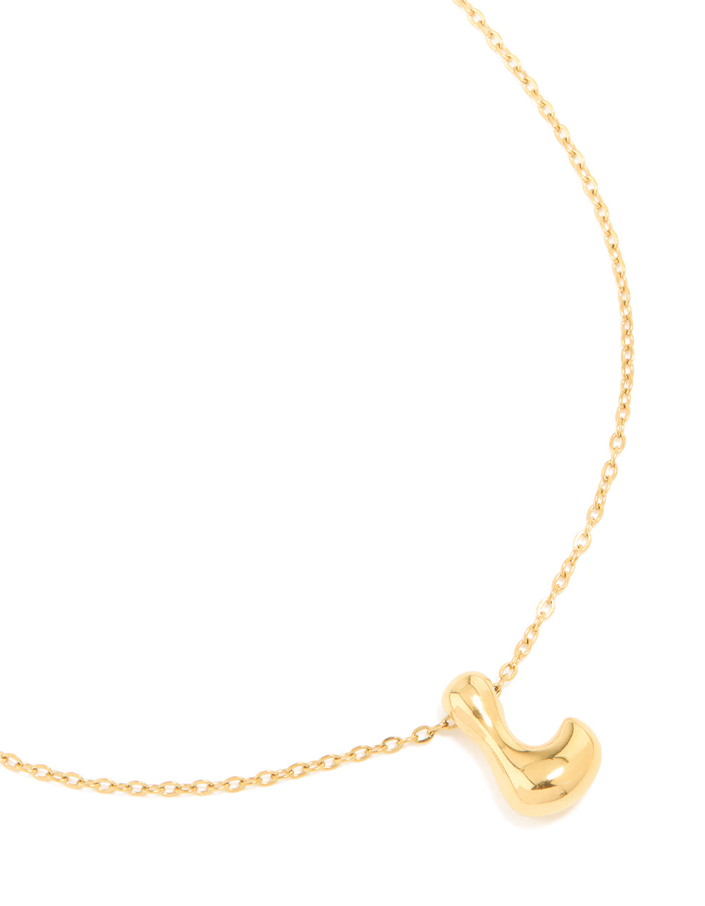 Showcasing a waterproof large bubble letter L necklace crafted from stainless steel with pendant featuring initials in dainty style close up view
