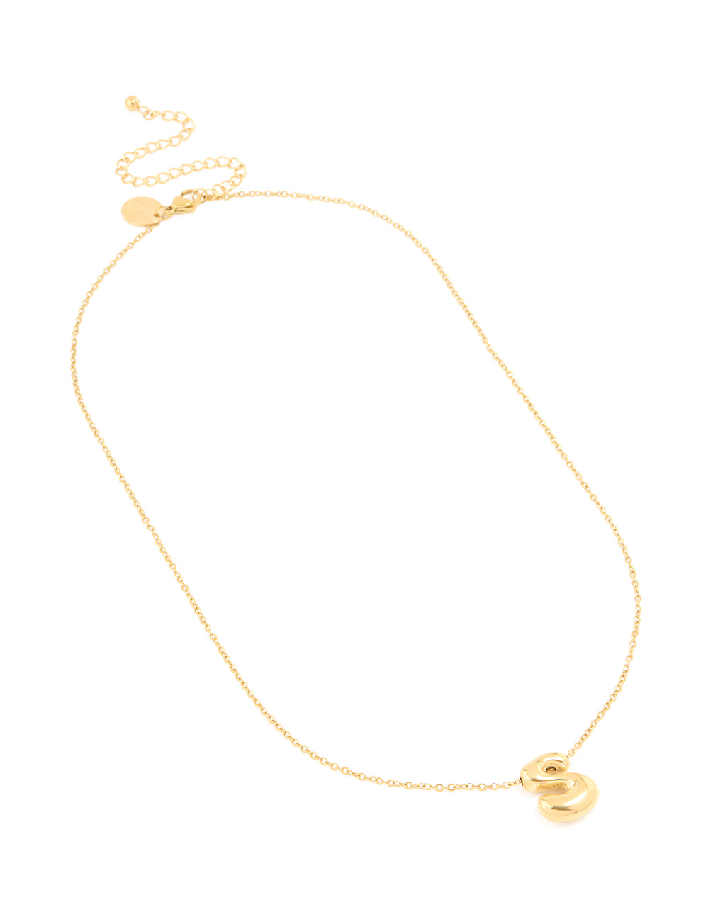 Crafted from waterproof gold plated stainless steel large bubble letter S necklace with initial pendant in dainty style close up view