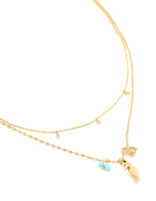 Waterproof Gold Plated Stainless Steel Cubic Zirconia & Seahorse Layered Necklace