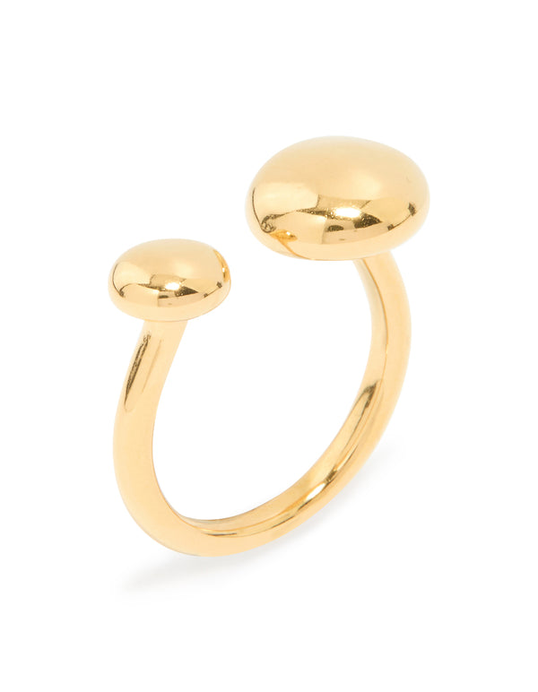 Showcasing a waterproof double ball ring in gold plated stainless steel with dainty design side detail view