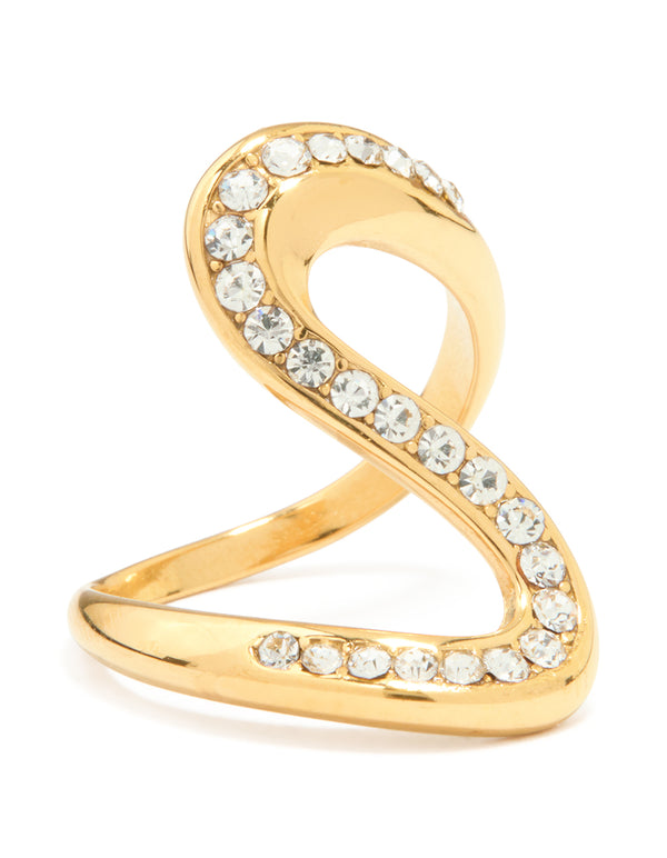 Showcasing a waterproof gold plated stainless steel swivel stone ring with statement design featuring clear stones front view
