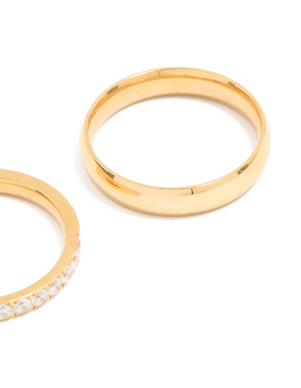 Crafted from waterproof gold plated stainless steel diamante and smooth rings 2-pack close up view