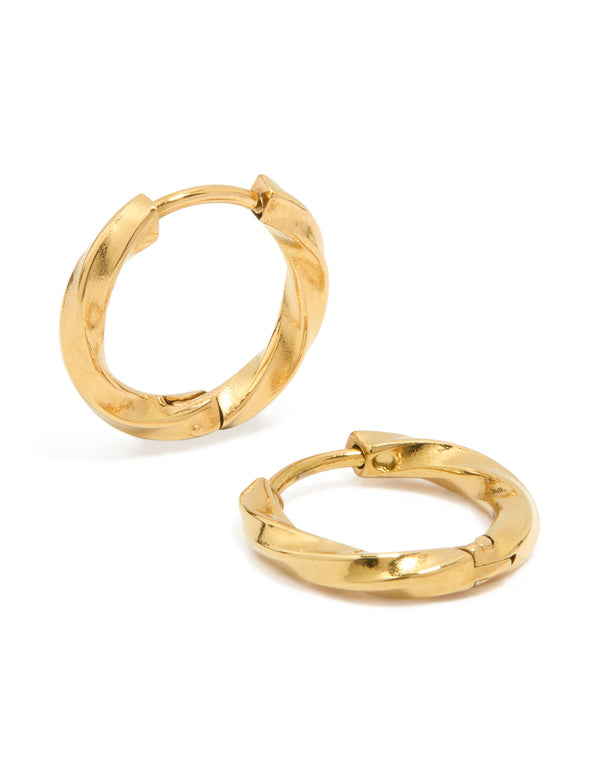 Featuring waterproof gold plated stainless steel huggie earrings with twisted design front view