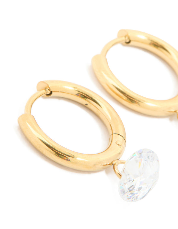 Designed with waterproof gold plated stainless steel diamante huggie earrings close up view