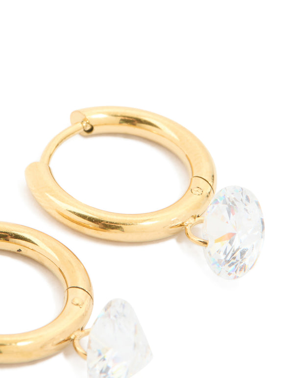 Highlighting waterproof gold plated stainless steel diamante huggie earrings post detail view