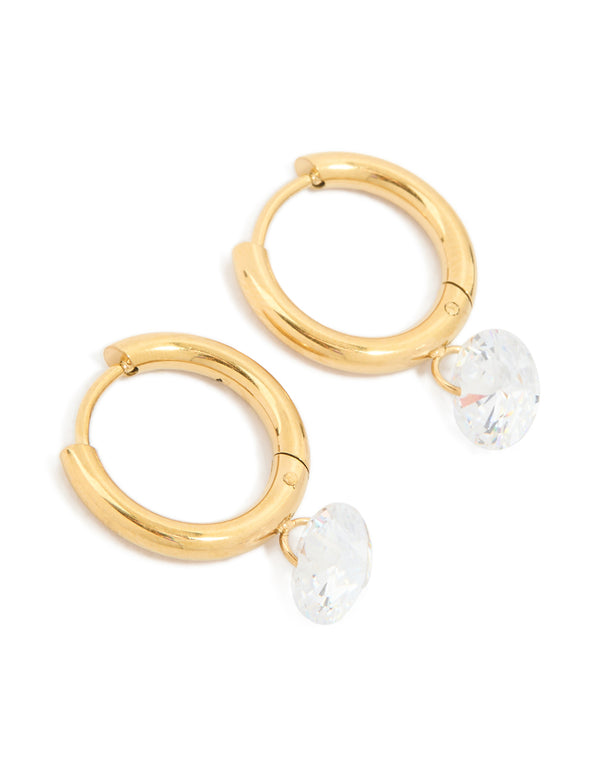Showcasing waterproof gold plated stainless steel diamante huggie earrings with front view
