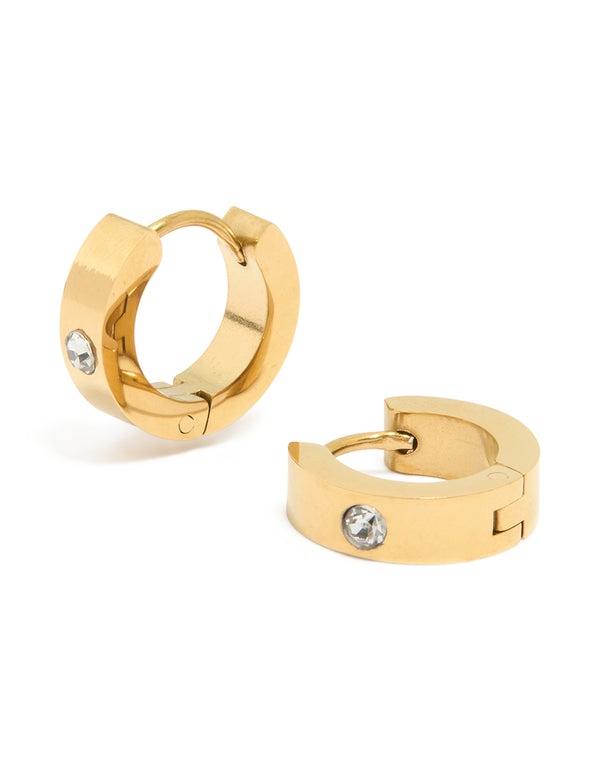 Showcasing waterproof gold plated stainless steel cubic zirconia huggie earrings front view