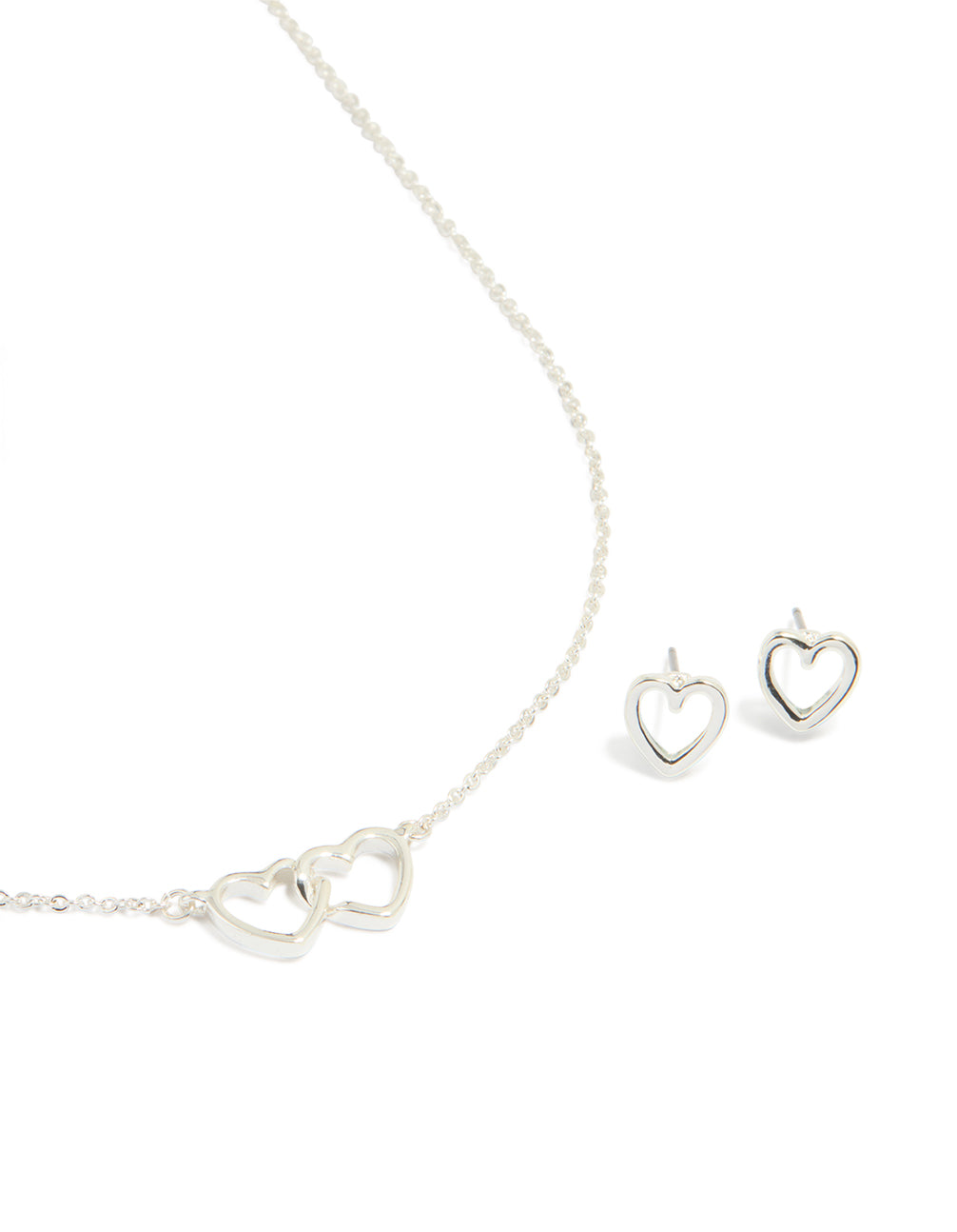 Silver Plated Double Heart Necklace & Earrings Set