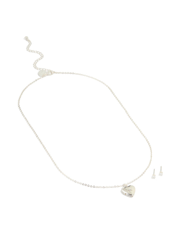 Silver Plated Cubic Zirconia Centre Heart Pendant Necklace & Earrings Set